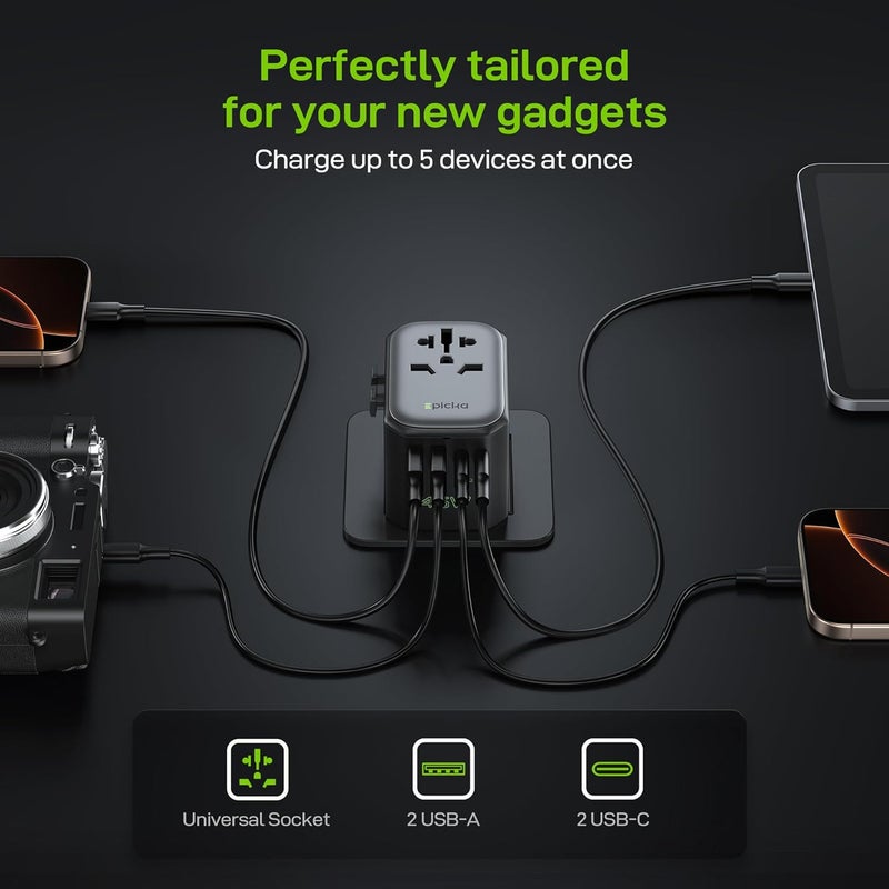 EPICKA Pulse 45W European Travel Plug Adapter, Universal Power Adapter with PD Fast Charging, 5-Port (1 AC/2 USB-A/2 USB-C) International Charger Adapter for Europe, Japan - Travel Essentials (Black) - Image 5